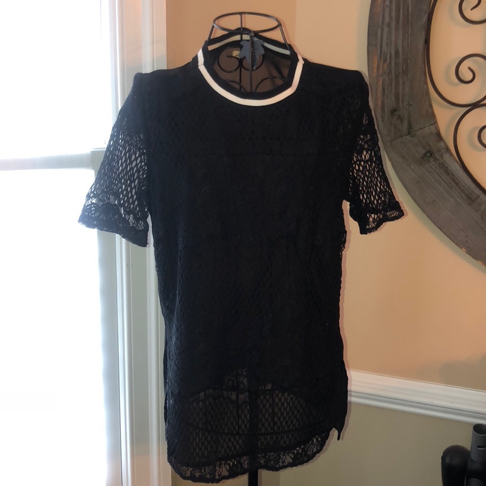 Sheer, high neck, lace shirt
